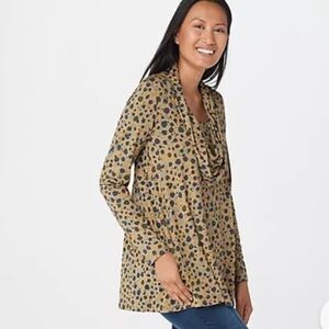 LOGO Lori Goldstein Legacy Green Printed Rayon 230 Cowl Neck Top